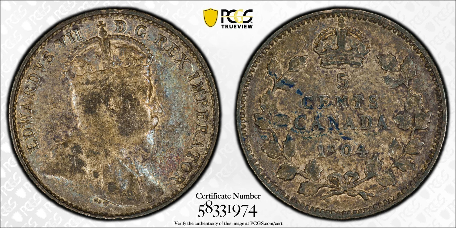 1904 CANADA Silver 5 CENTS PCGS AU-53 - KM-13
