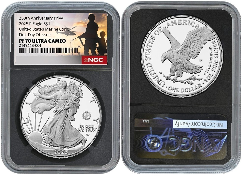 2025 P Silver Eagle $1 US Marine Corps NGC PF70 UC First Day Of Issue #2646B