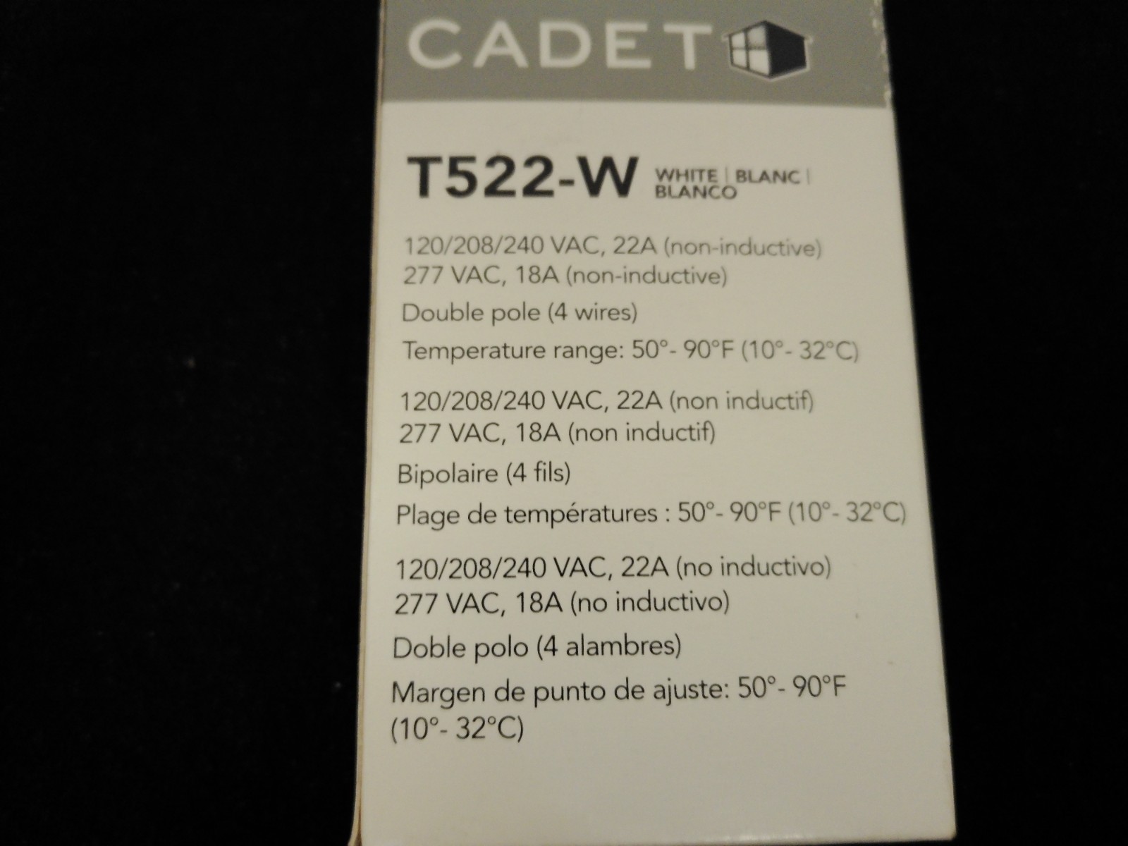 T522-W Line Voltage Mechanical Wall Thermostat White 120/208/204VAC,22A