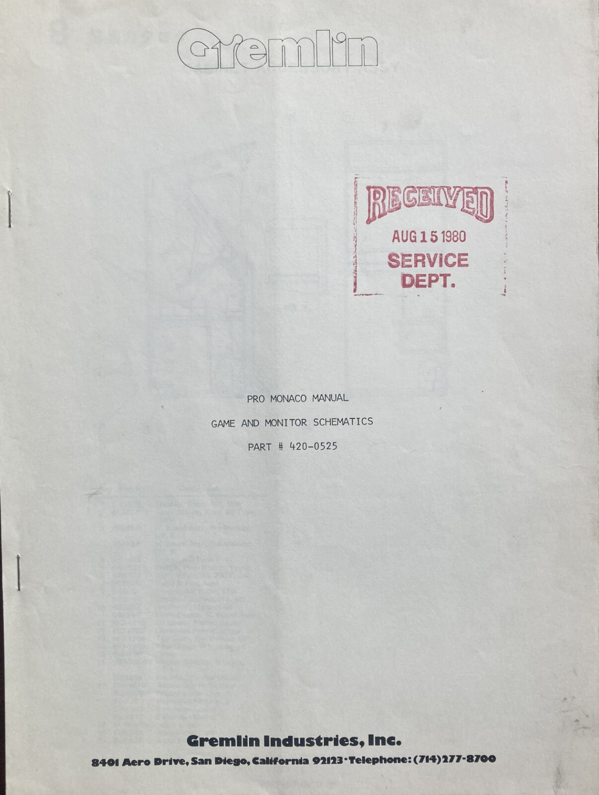 Gremlin Pro Monaco Arcade Game Manual