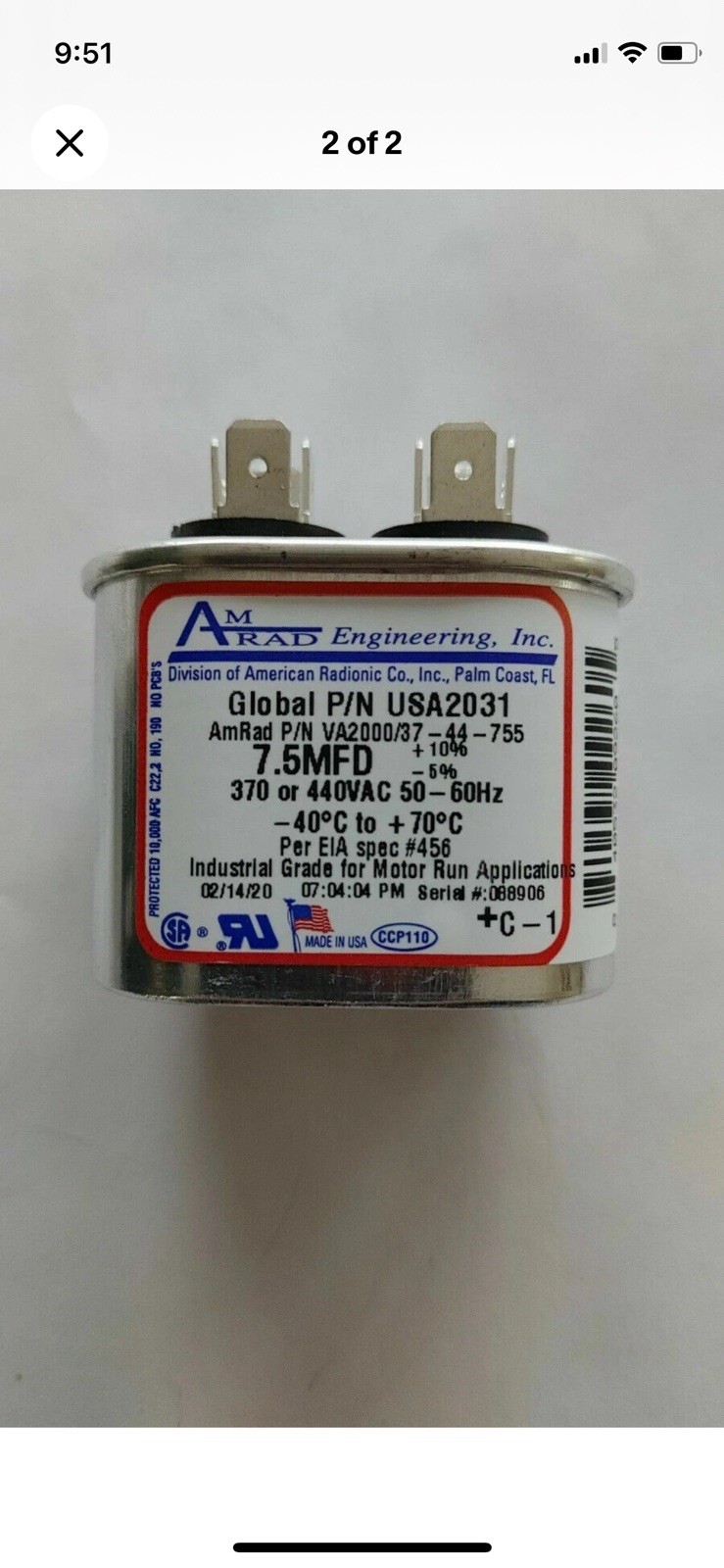 7.5 MFD x 370 / 440 VAC Oval Run Capacitor AmRad USA2031 - Made in the USA