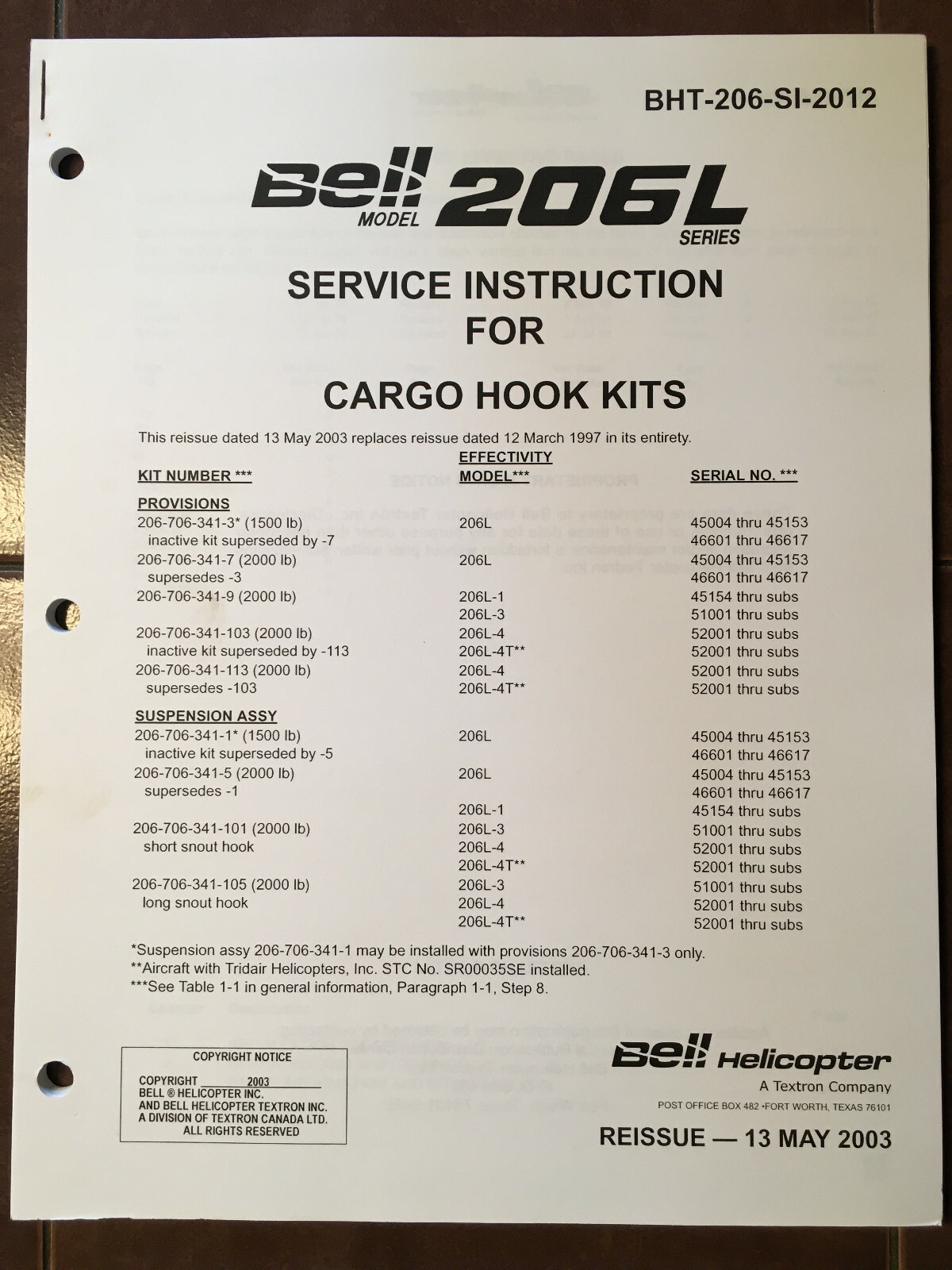 Bell 206L Cargo Hook Kits Service Instruction Manual