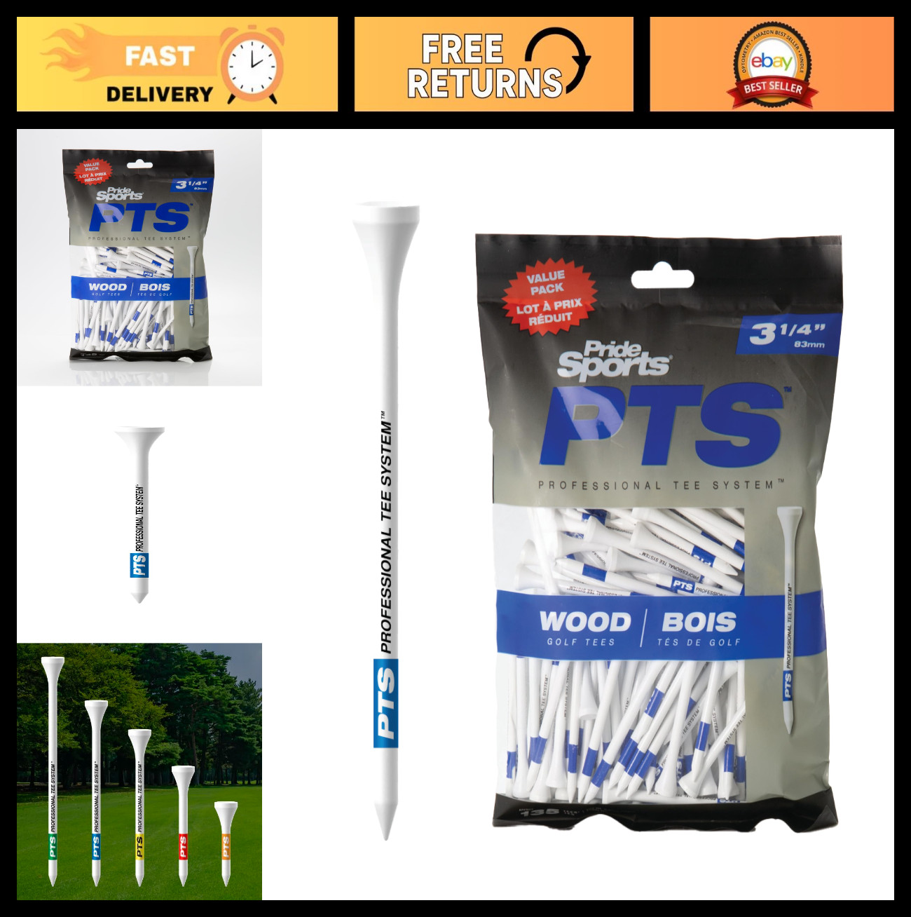 135 Count Wood Golf Tees - 3-1/4 Inch, Ideal for Drivers & Woods, #1 Choice on T