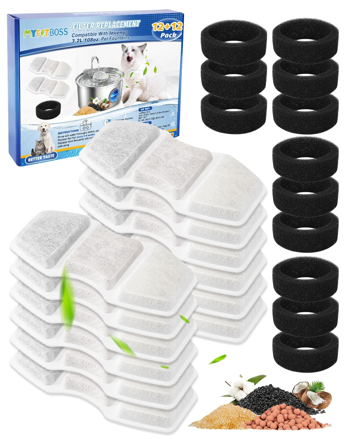 MyfatBOSS 12+12 Pack Cat Fountain Filter Replacement Compatible with Invengo ...