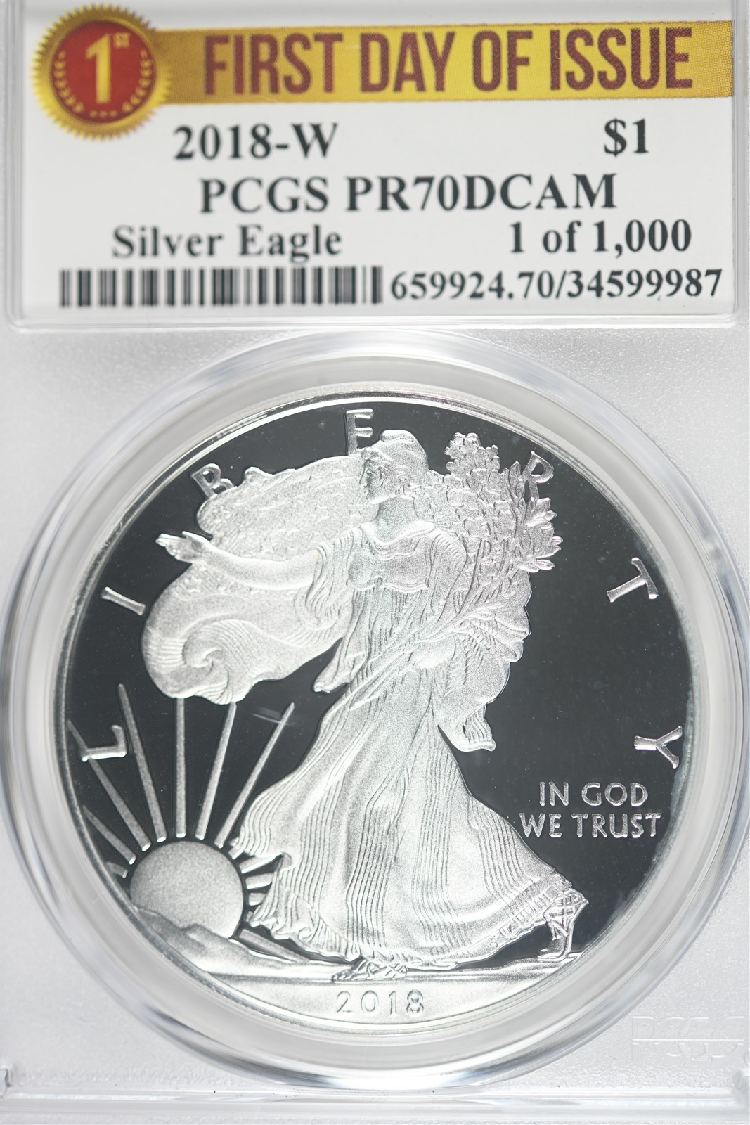 2018 W 1oz Silver Eagle PCGS PR70 DCAM - First Day of Issue - 1 of 1000