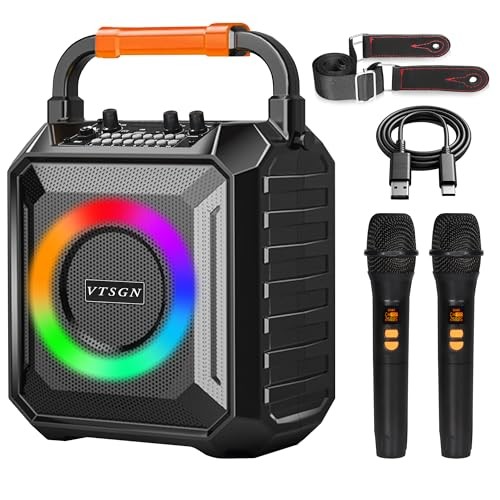 VTSGN Karaoke Machine with Two Wireless Microphones for Adults & Kids - BLACK