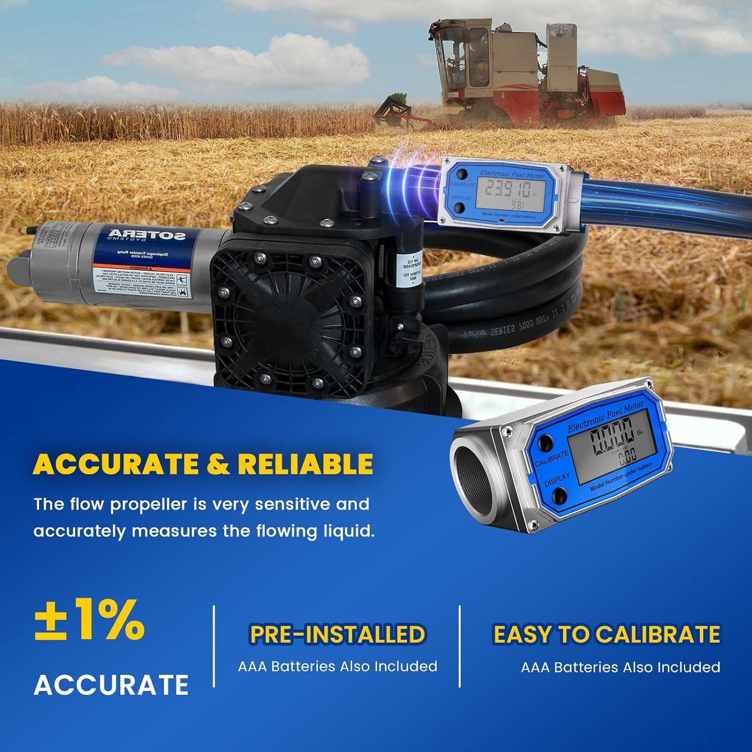 Flow Meter 1" Digital Turbine Fuel Meter Waterproof Inline NPT Thread Flowmeter