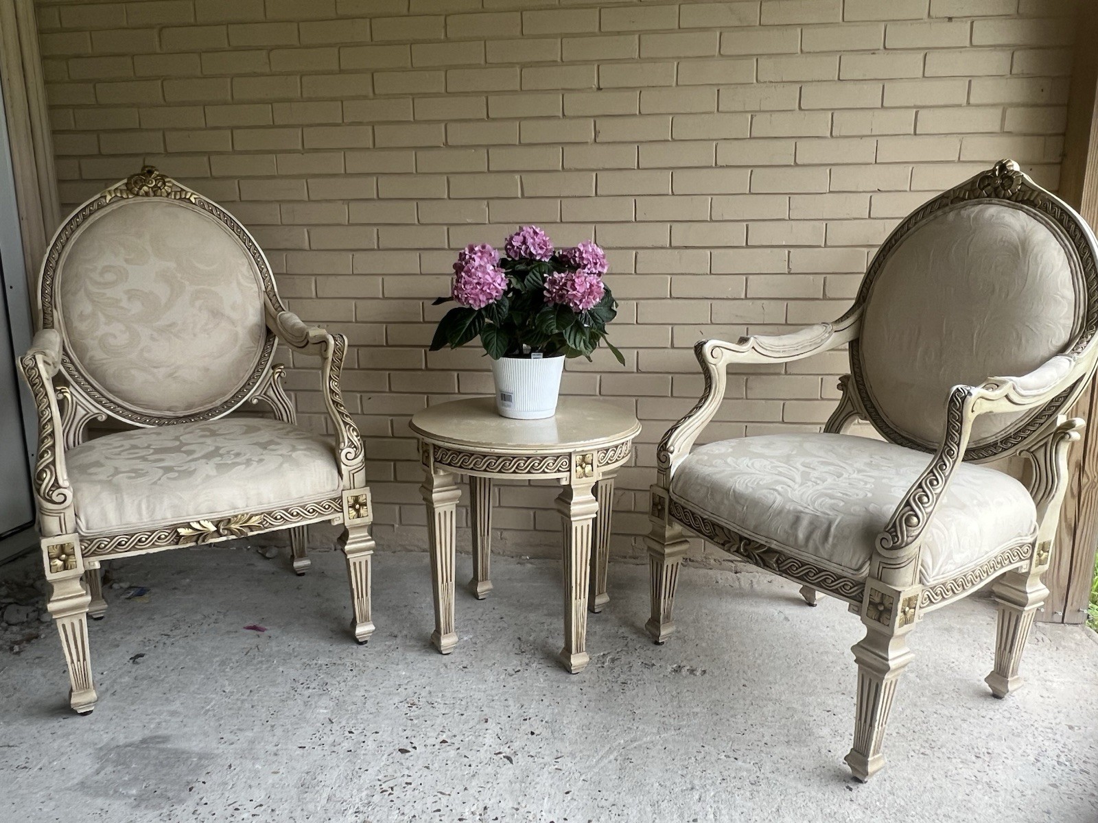 Pair Of Antique French Provincial Chairs With Side Table