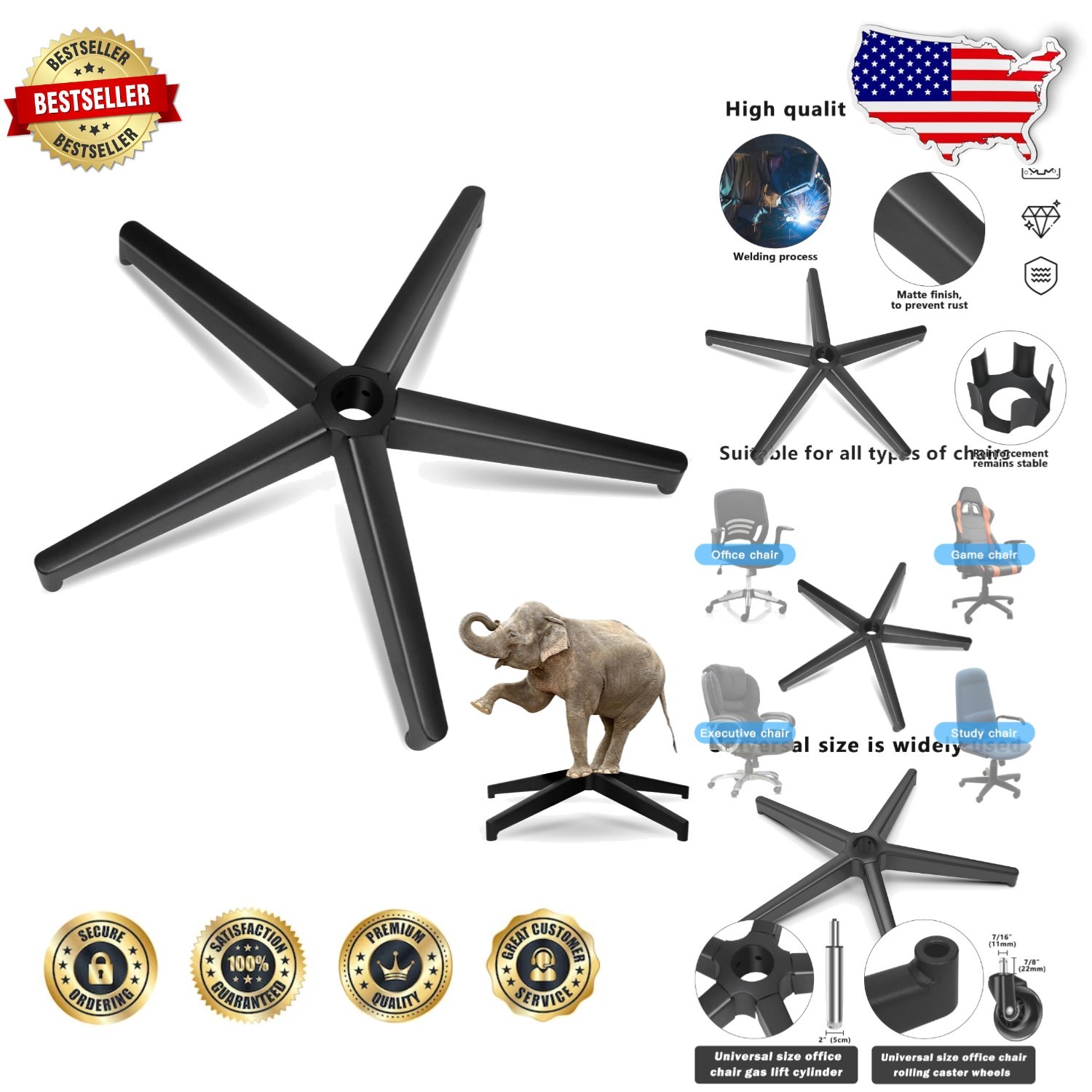 Heavy Duty 28'' Desk Chair Base - 2200LBS Metal Leg, Gas Cylinder, Easy Install