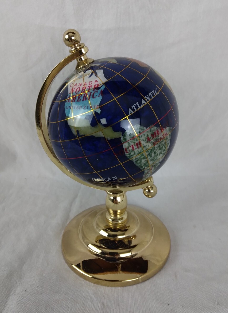 INLAID GEMSTONE Mini Desk Globe Gold Brass Stand LAPIS BLUE Ocean 6”