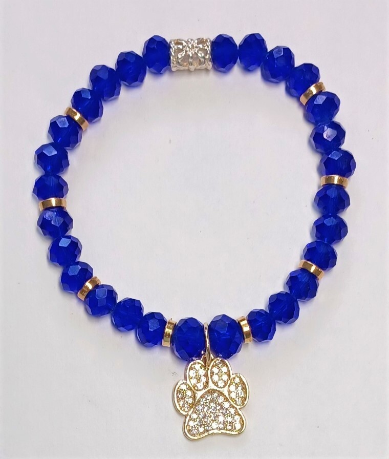 Dark Navy Blue Multi-Faceted Beaded Bracelet with Pet Paw Charm