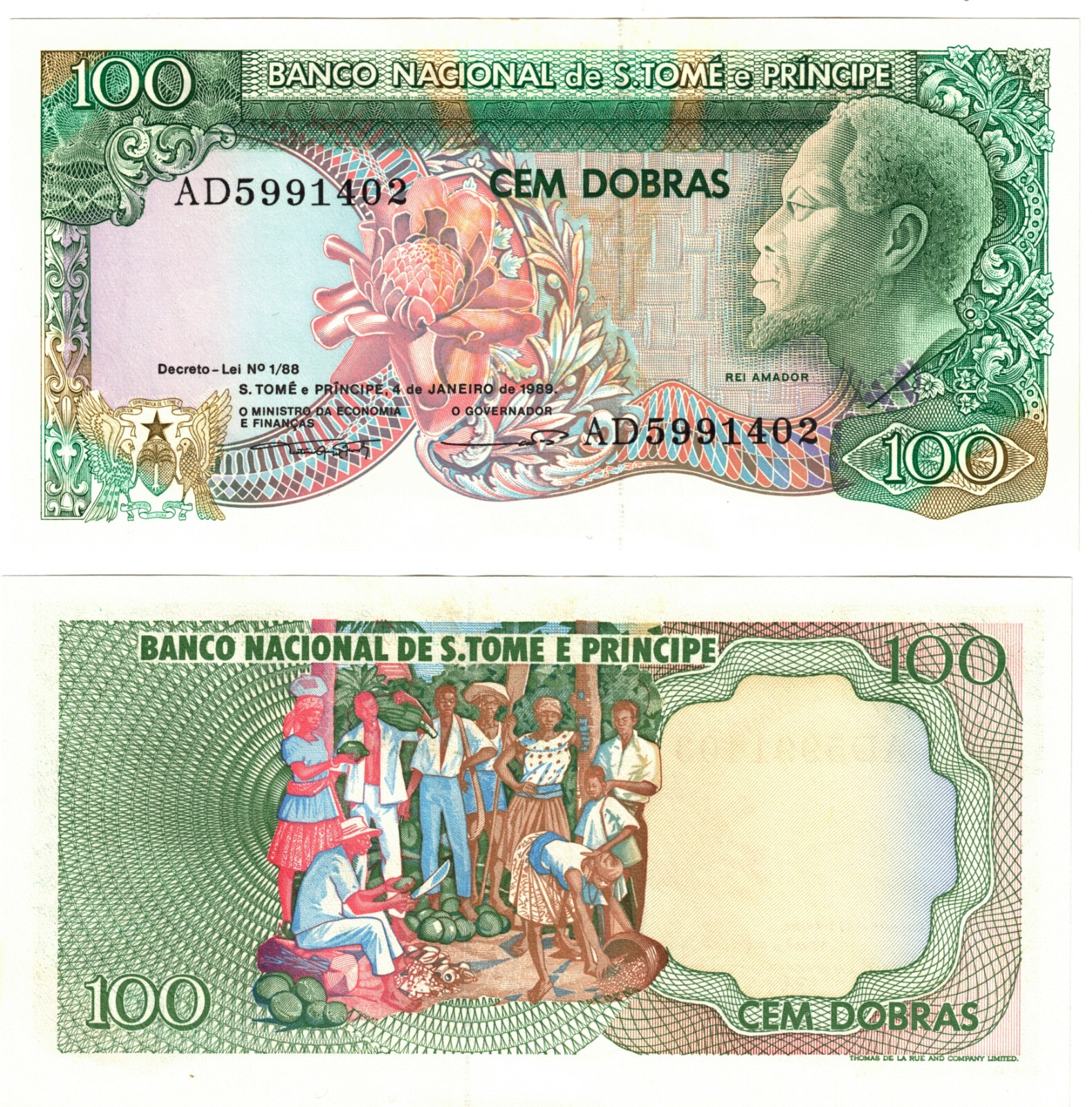 1989 Sao Tome Principe Banknote P60 100 Dobras UNC Saint Thomas