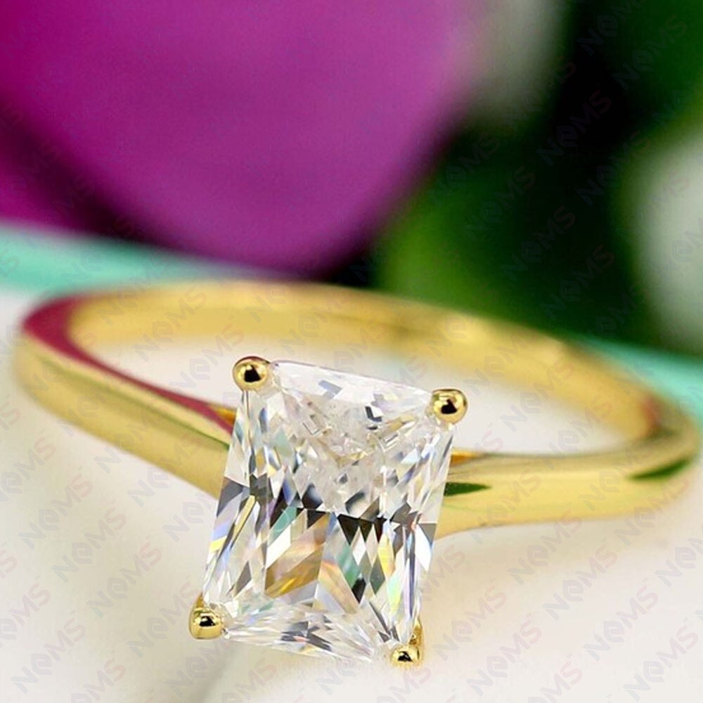 3carat Radiant Cut Lab Created HPHT Diamond Solitaire Ring Solid 14K Yellow Gold
