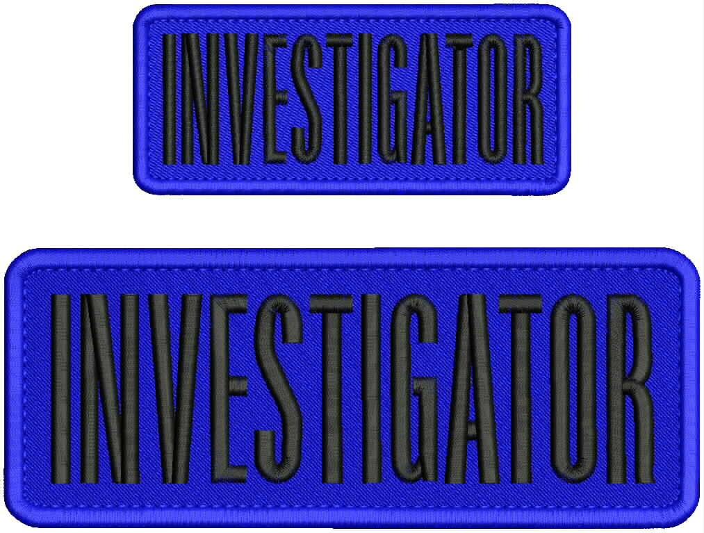 Investigator 2 Embroidery Patches 3X 10 & 2x5'' Hook On Black On Royal Blue