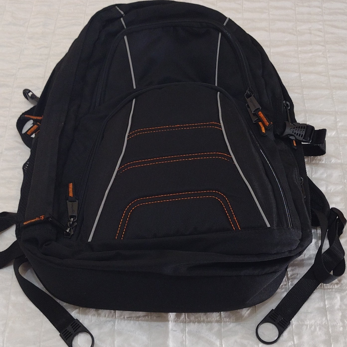 AmazonBasics Black Hiking Backpack Orange Stitching Multiple Compartments