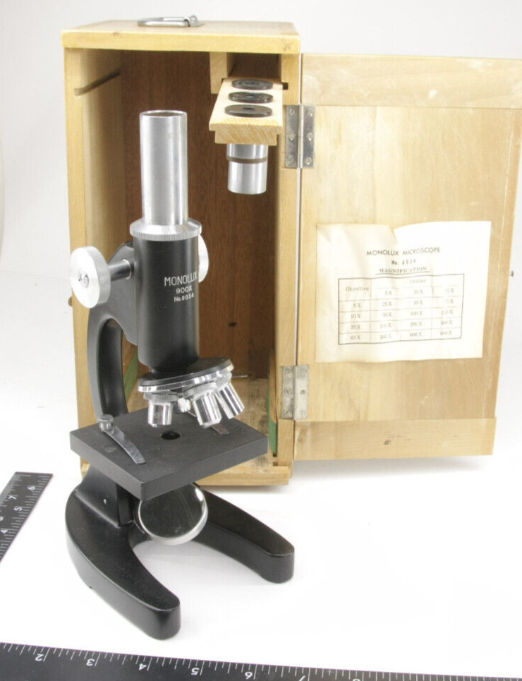 Monolux 900x Microscope with 3-Lens Turret Lenses Diopters - Wood Case VINTAGE