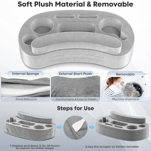 Couch Cup Holder Pillow Tray with 6 Slots, Gaming Pillow With Armrest Pad Grey