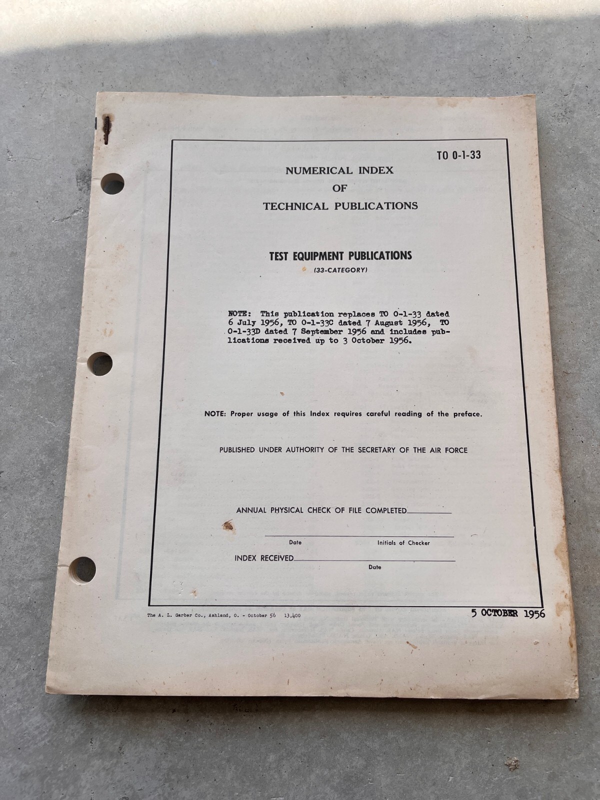 Numerical Index of Technical Publications Test Equipment TO 0-1-33 October 1956