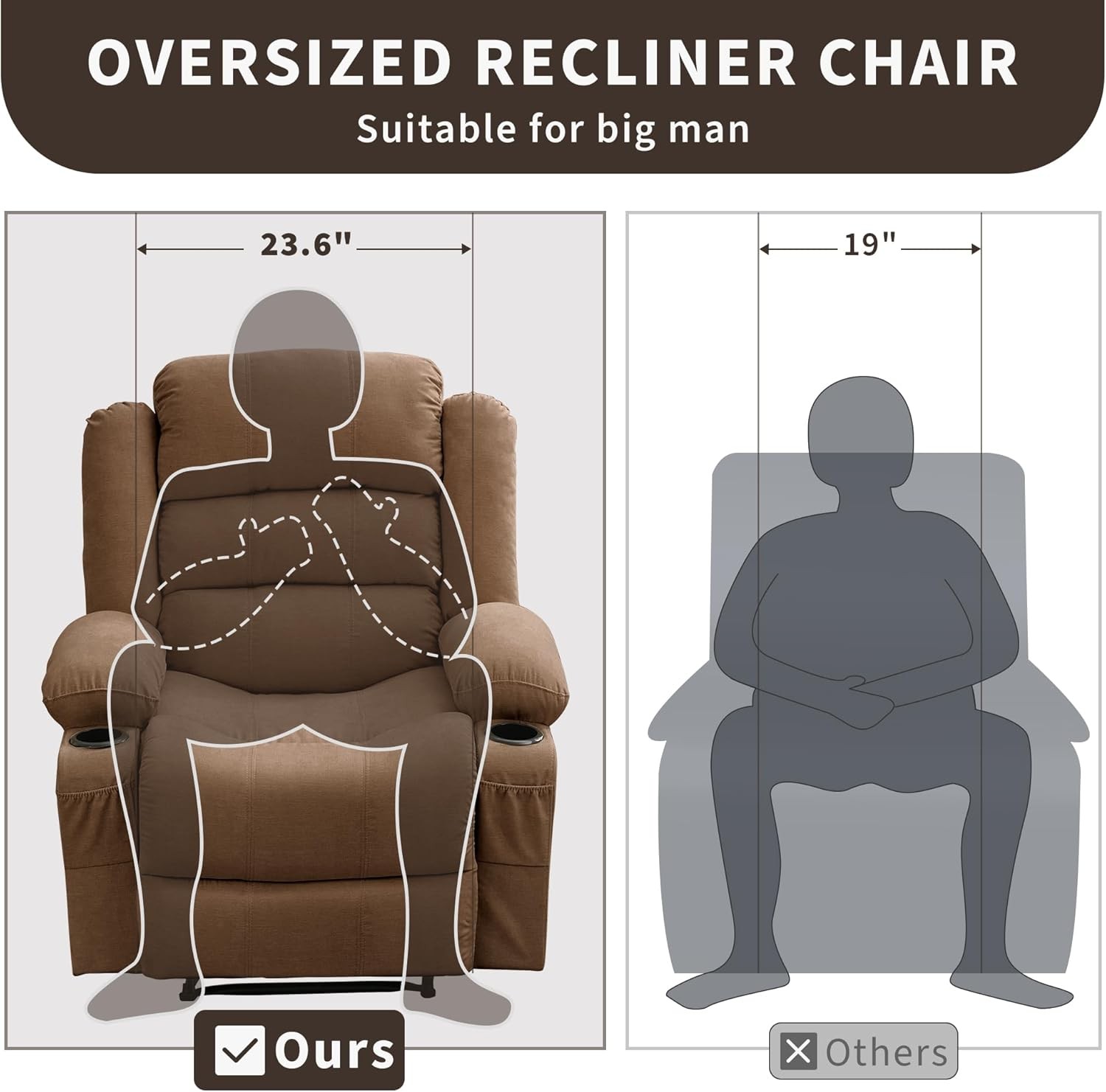 Recliner with Cup Holders & Storage Pockets, Brown Chair Ideal for Home Theater