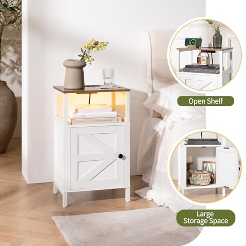 Farmhouse Nightstand with Charging Station, Wood Night Stand End with White