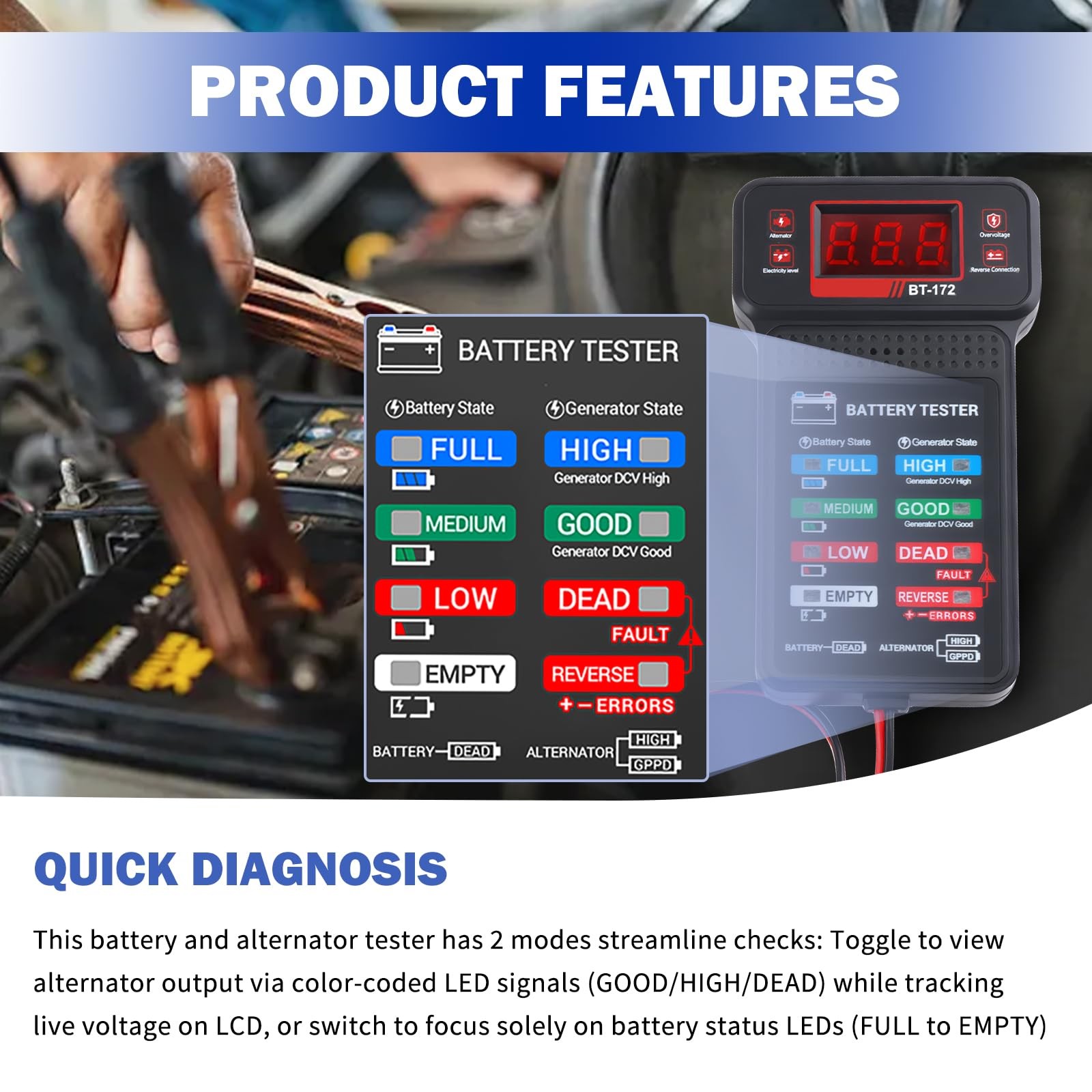 Car Battery Testers with LCD Display & LED Indicators,Battery Load Black