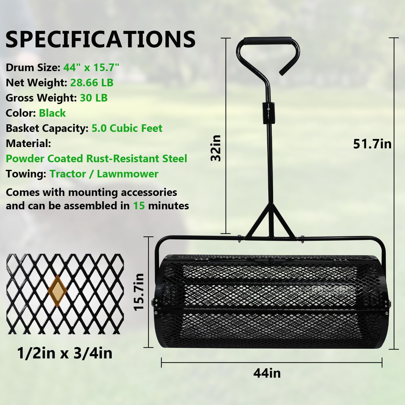 Compost Spreader 44 Inch Push/Tow Peat Moss with 44 Inch, BLACK