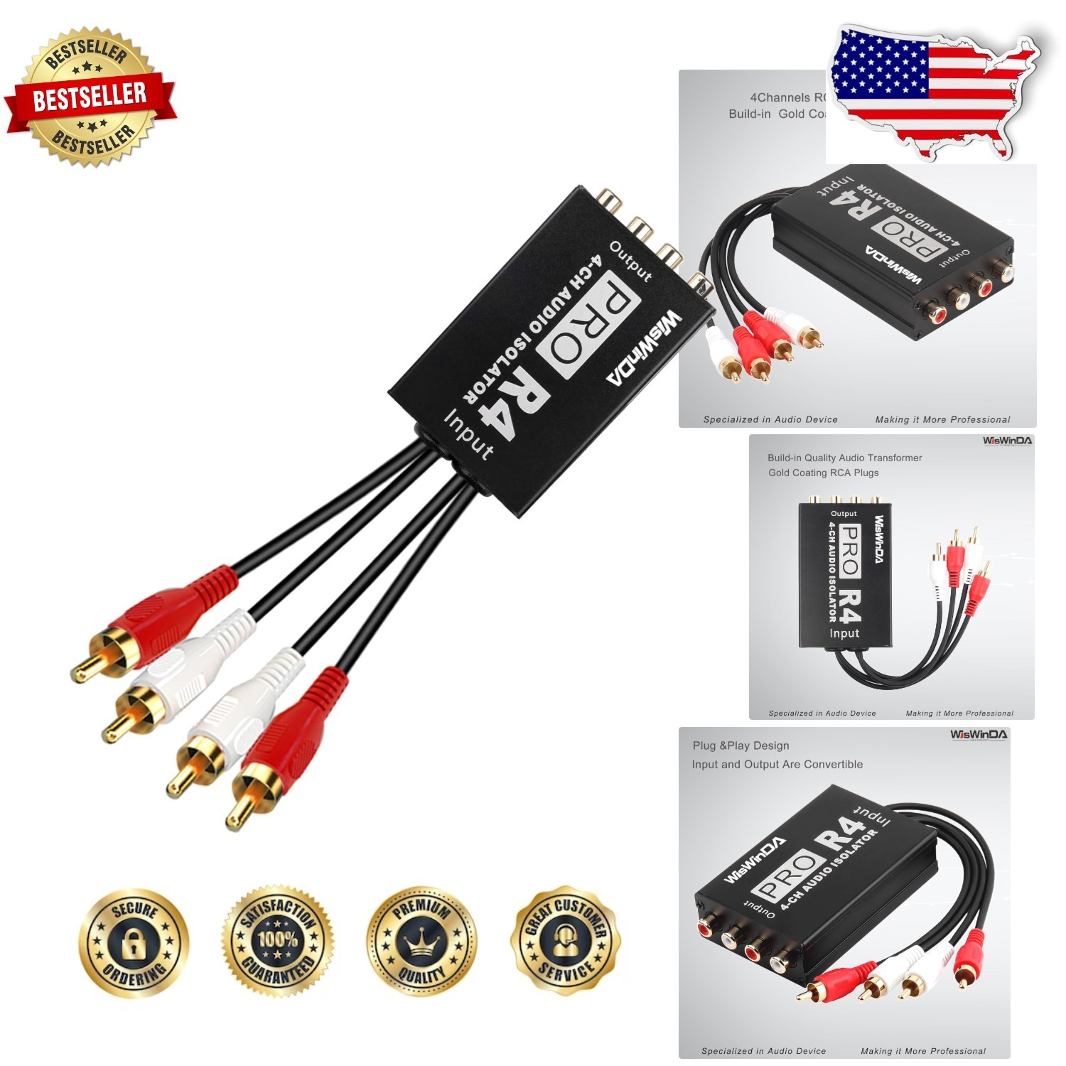 High Quality 4Ch RCA Ground Loop Isolator Noise Filter Hum Eliminator Pro