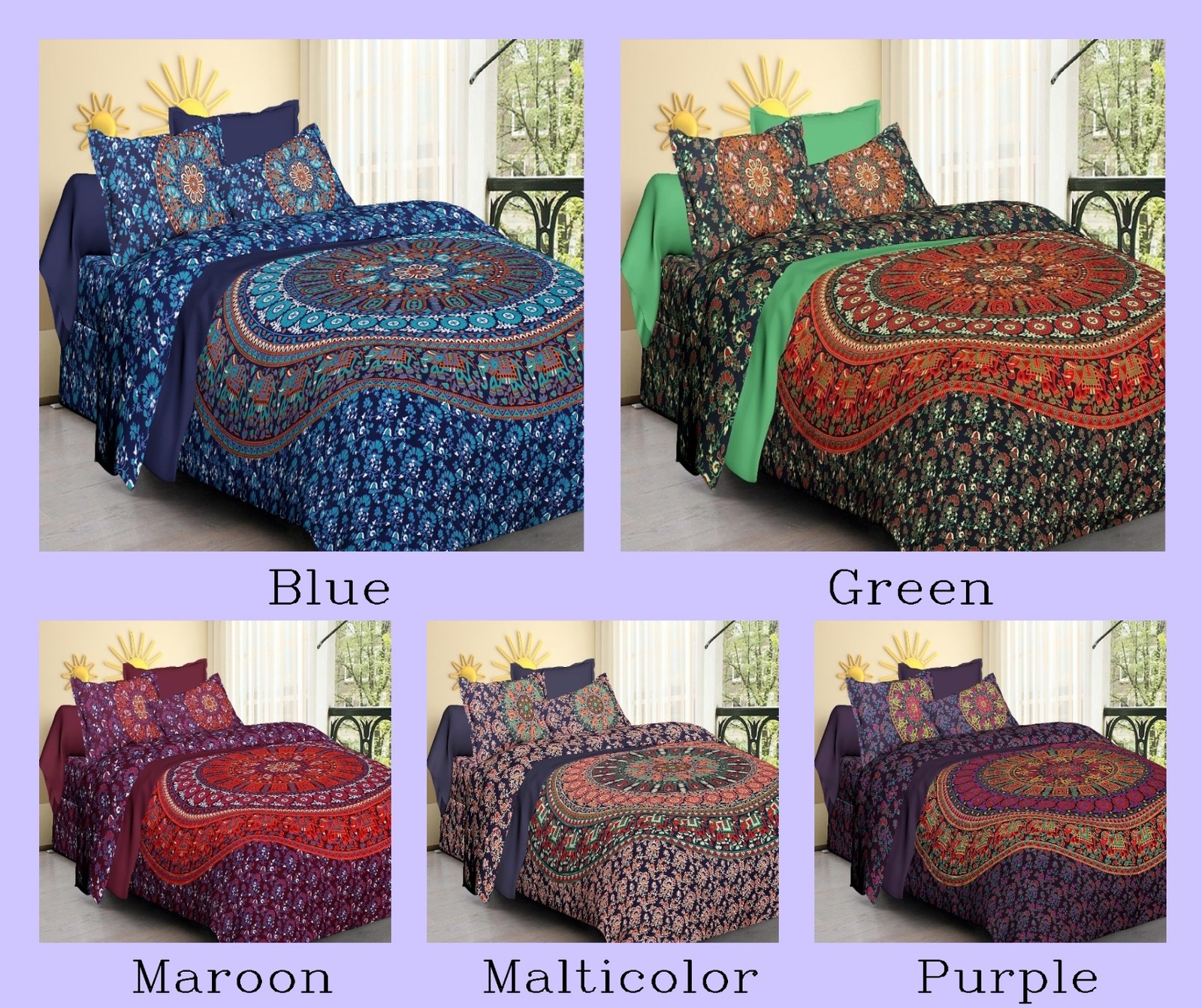 Bedsheet With 2 Pillow Cover Indian Mandala Cotton Mirchi Design