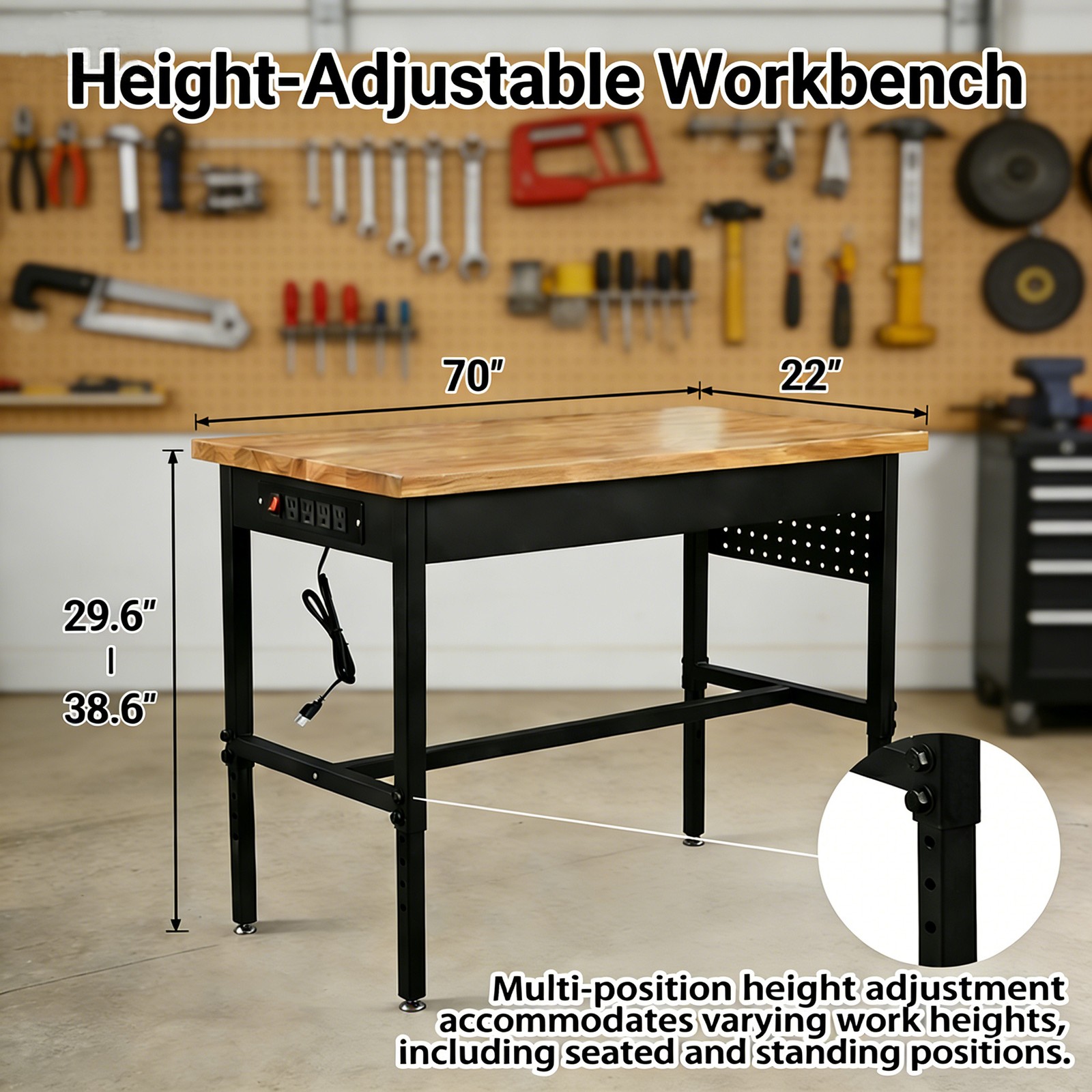 Heavy Duty Adjustable Workbench w/ Power Outlet & Wheels, 2500LB Capacity