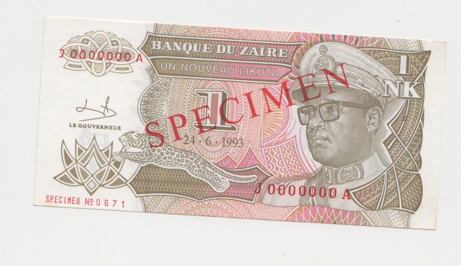 SPECIMEN, Zaire, 1 NZ 1993,  Banknote UNC