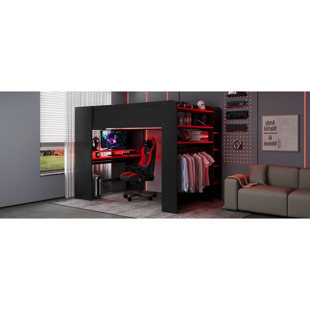 Full Size Bunk Bed with Desk, RGB Lights, Wardrobe, Storage for Gaming Setup