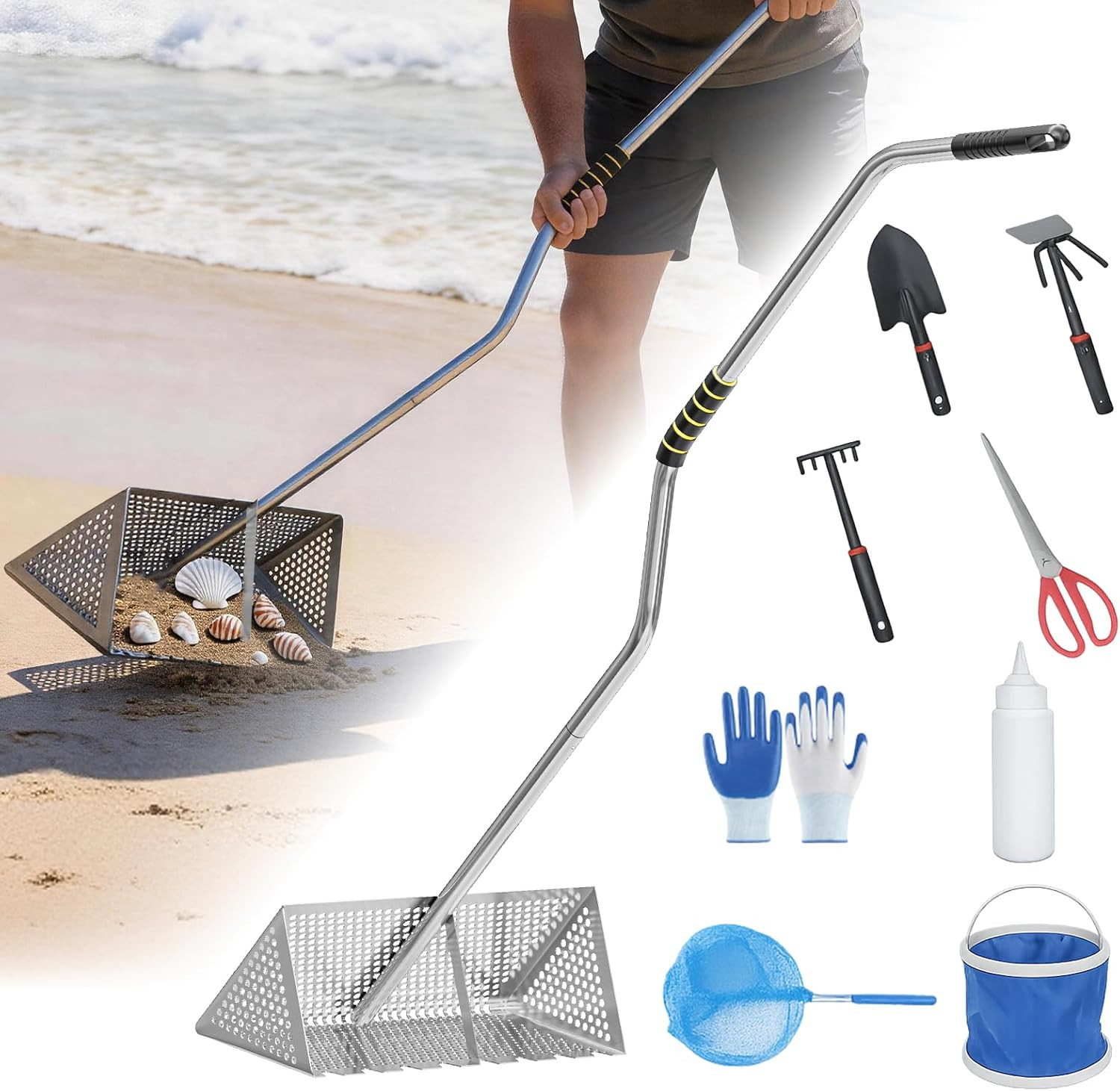SPECILITE Sand Flea Rake, Stainless Steel Sand Sifter with Detachable Long Handl