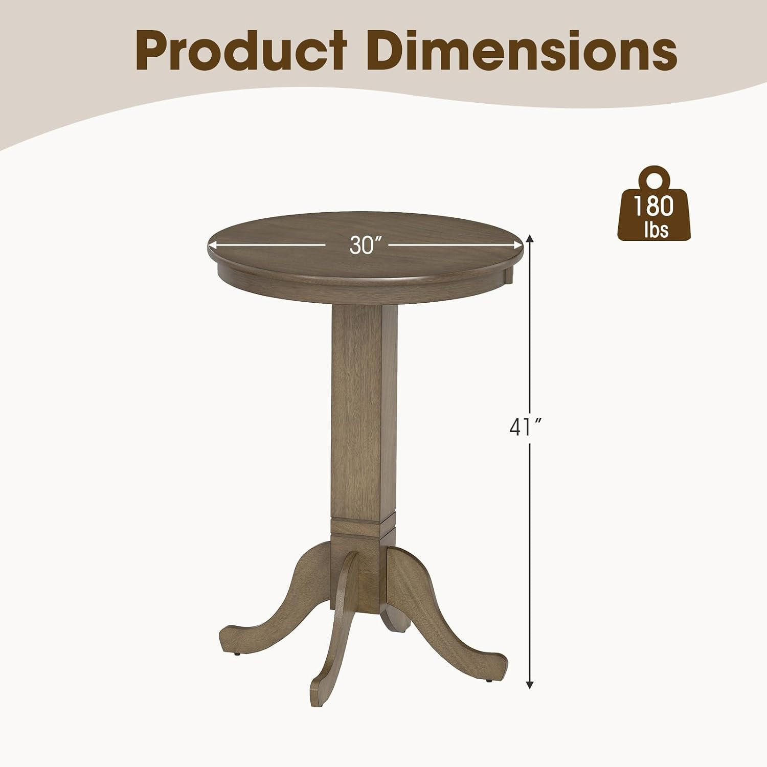 30” round Bar Table, Dining Table with Rubber Wood Frame, Elegant Base, 180 LBS