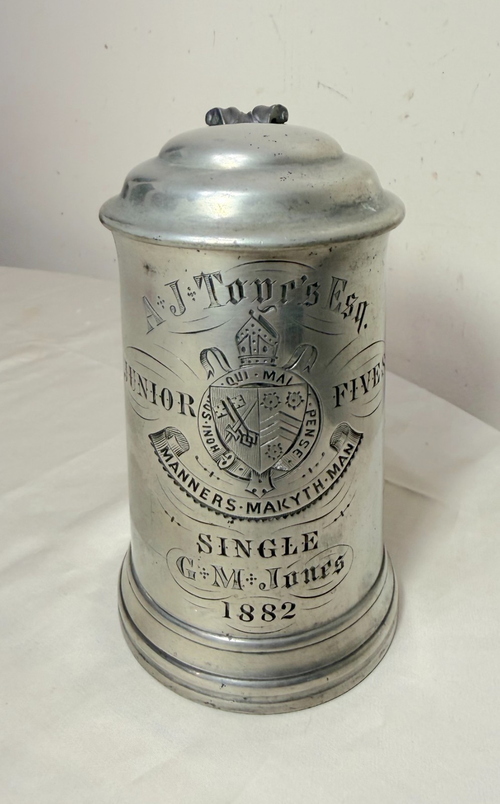 Antique 1882 engraved pewter college football junior 5 tankard trophy stein mug