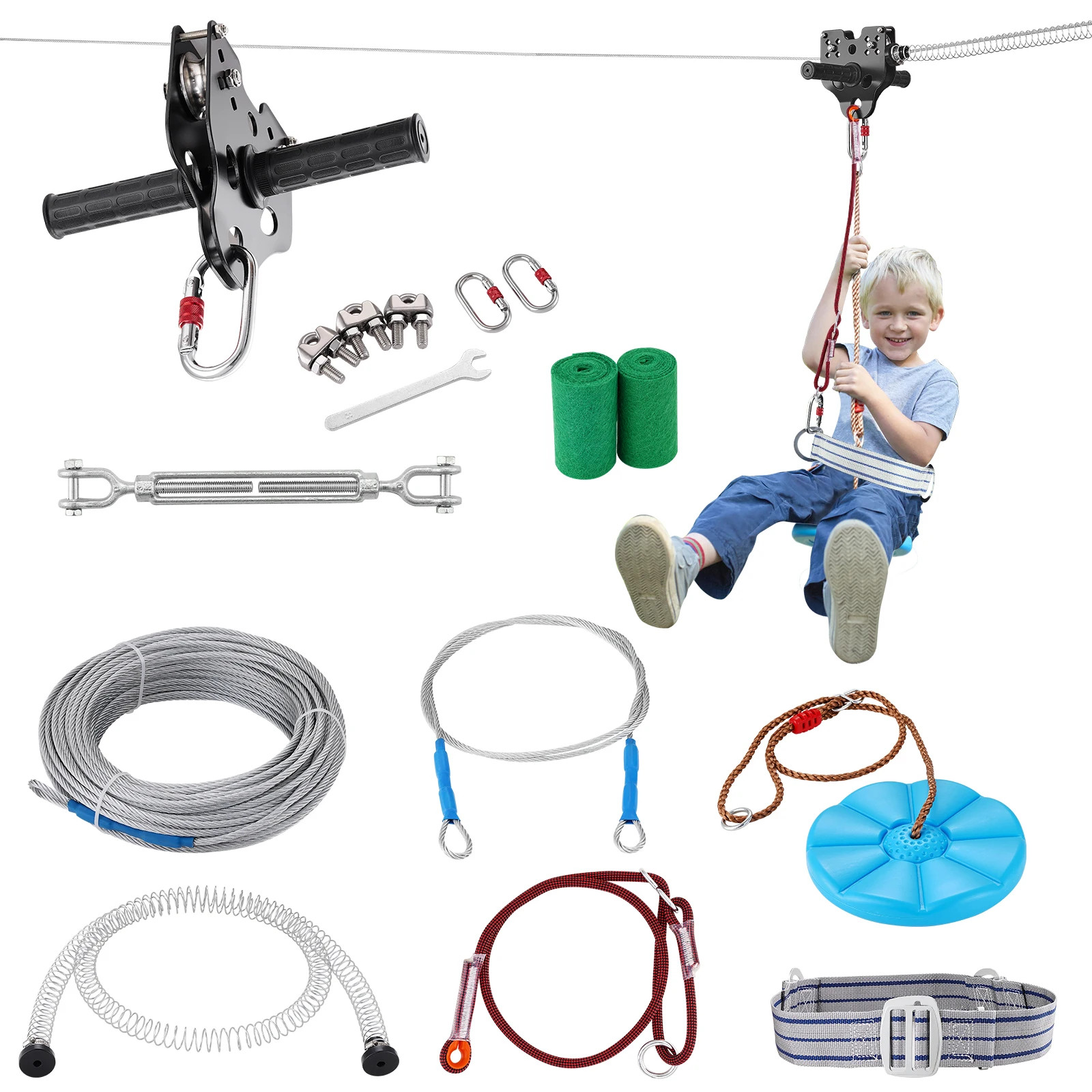 120FT Zipline Kit Playground Entertainment Stainless Steel Safety Harness Seat