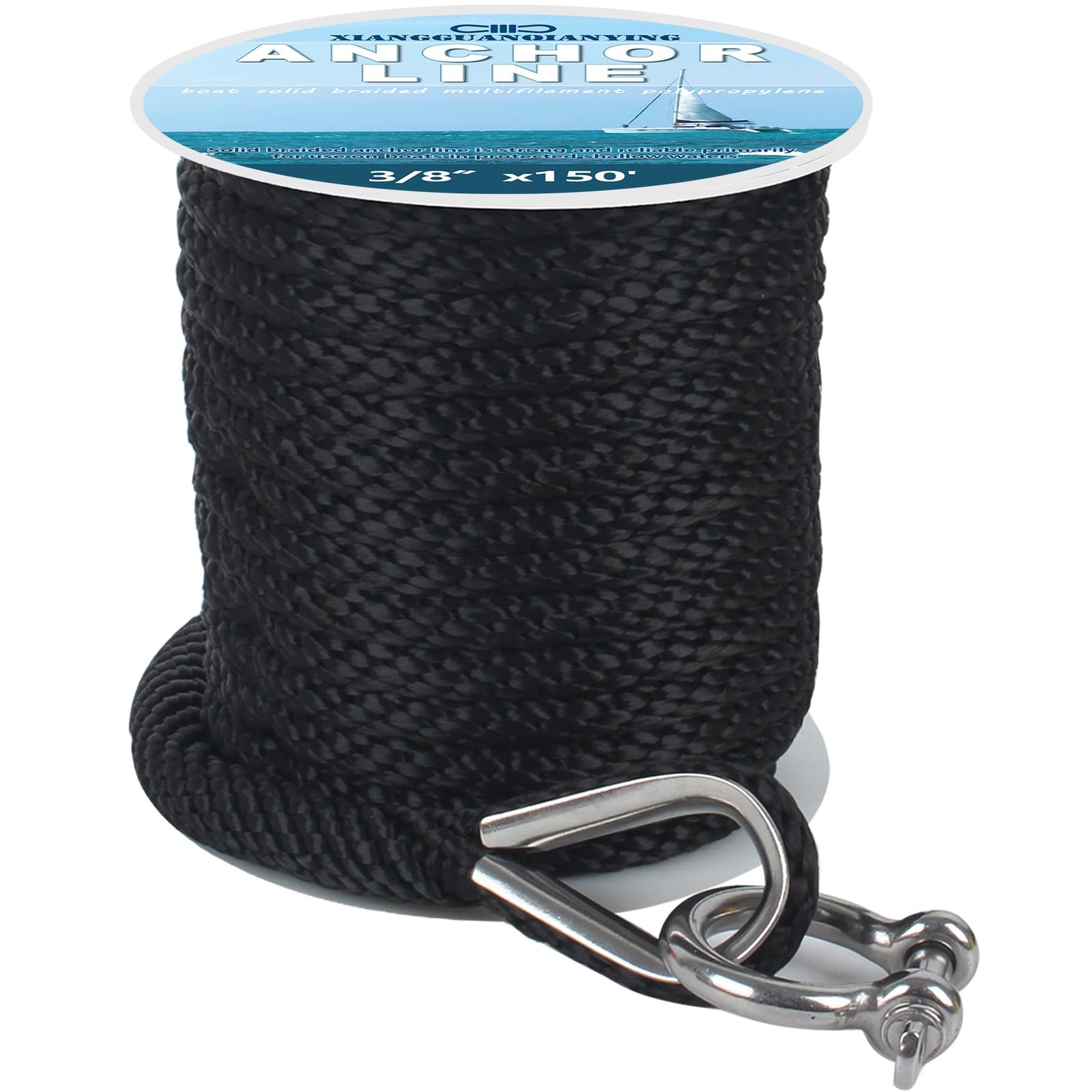 Anchor Rope 150 FT x 3/8 Inch Premium Solid Braid MFP 316 Stainless Black