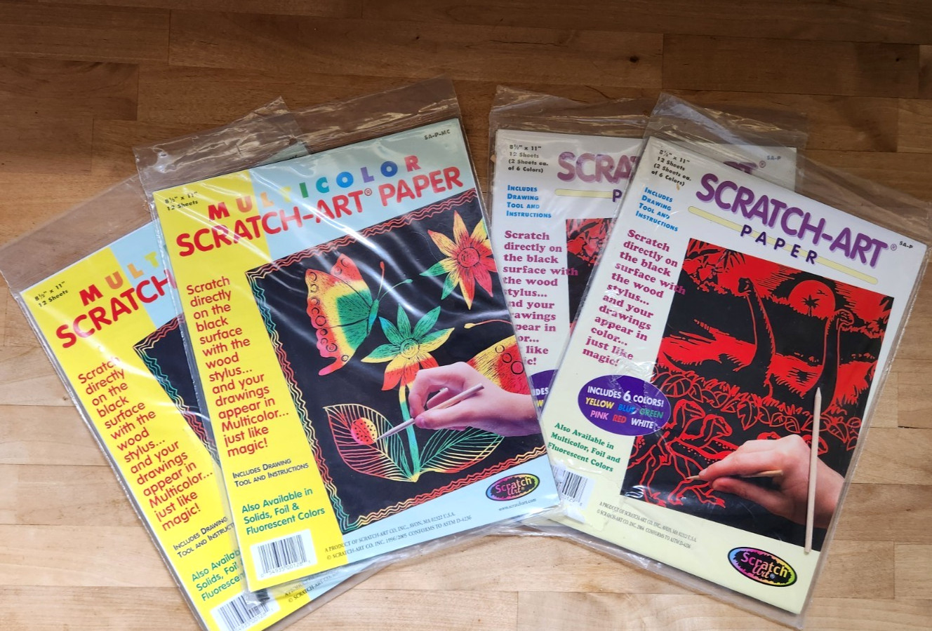 NOS Vintage Scratch Art Paper Kits Multi Color & Solid 48 Sheets Total w/ Tools