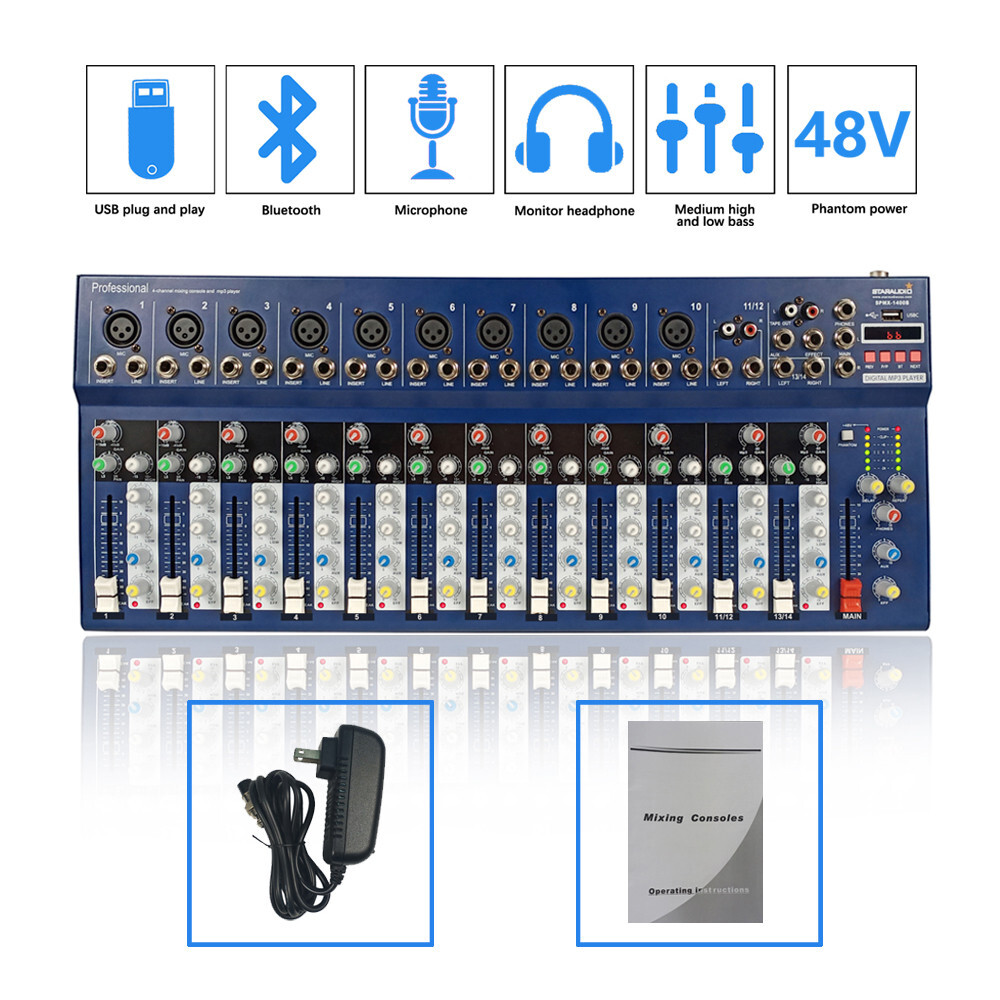 14 Channel Audio Mixer 16 DSP USB bluetooth Stereo Mixing Console Studio System