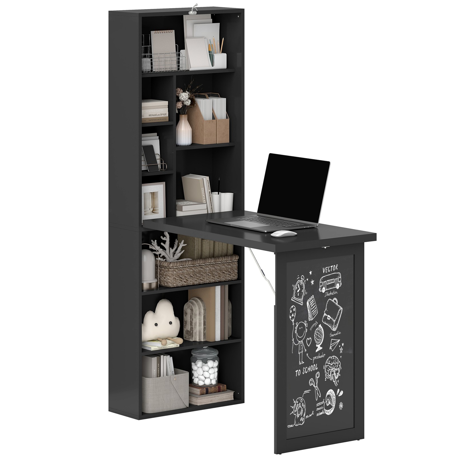 Convertible Desk with Blackboard & Shelf Multi-Function Table, Black