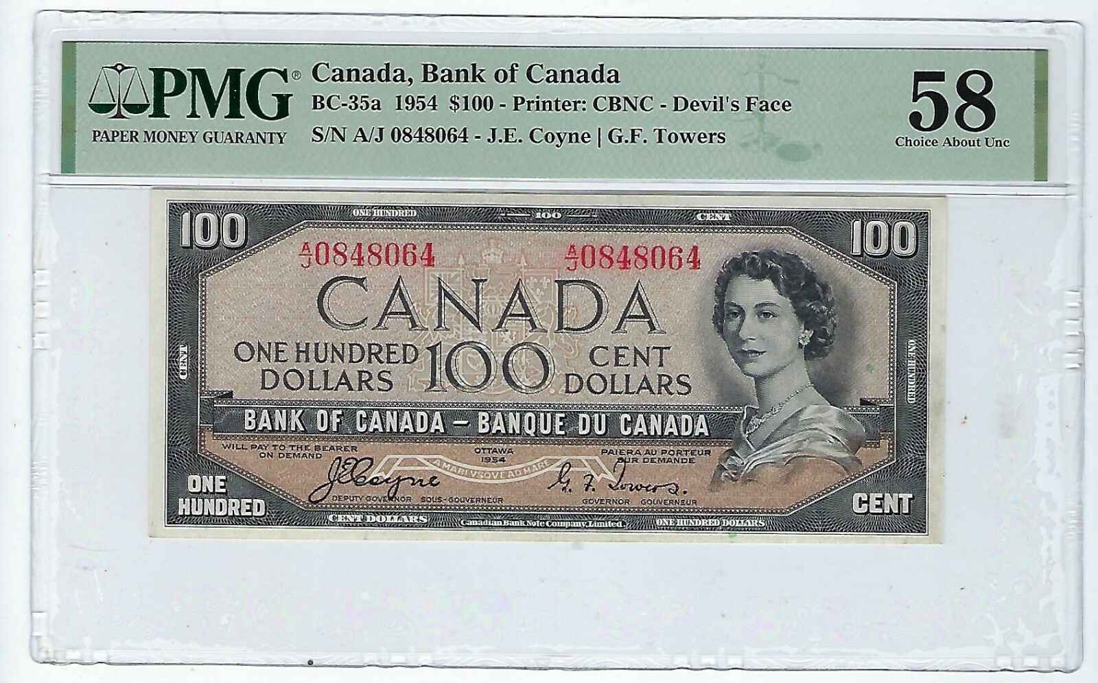 Bank of Canada 1954 $100 Devils Face BC-35a Coyne-Towers PMG 58