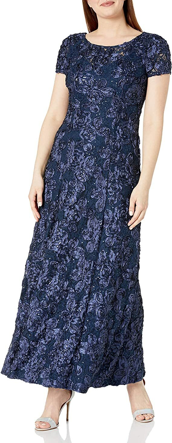 NWT Alex Evenings Short Sleeve Lace Sequin Rosette A-Line Gown Navy Dress Sz 14W
