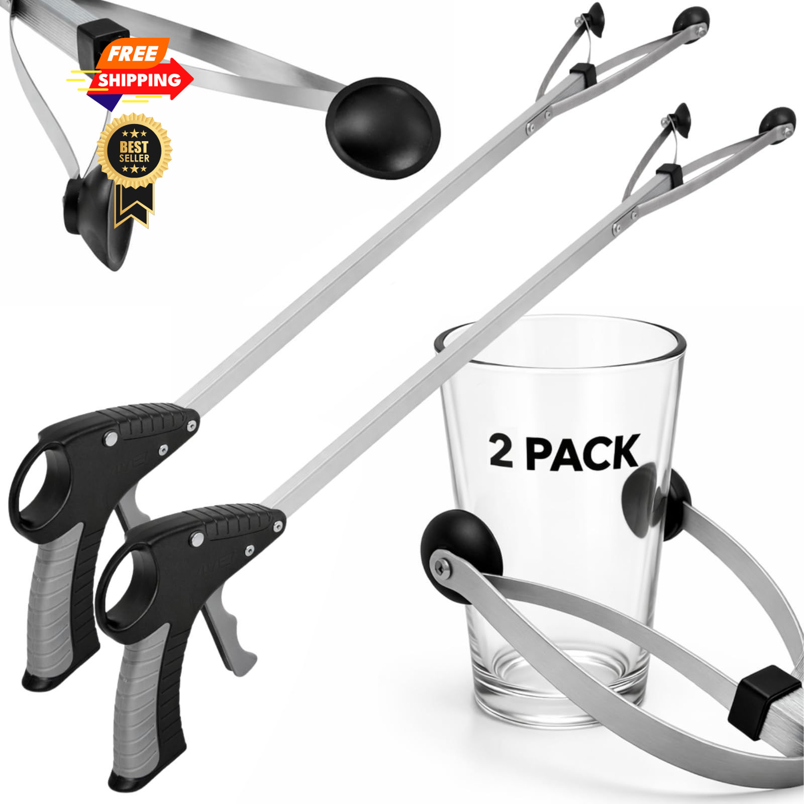 Vive Suction Cup Grabber Reacher 32" (2 Pack) - Elderly Grab It Silver