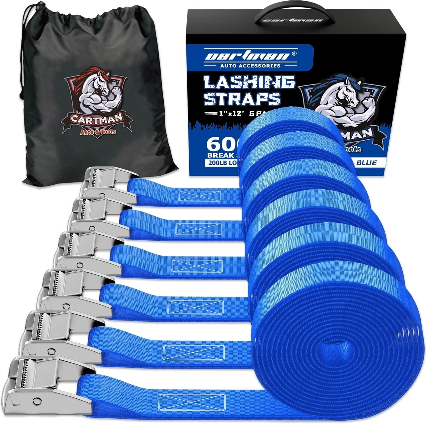 Cartman 1" x 12' Lashing Straps Cargo Tie-Down Strap Up to 600lbs, 8pk Blue