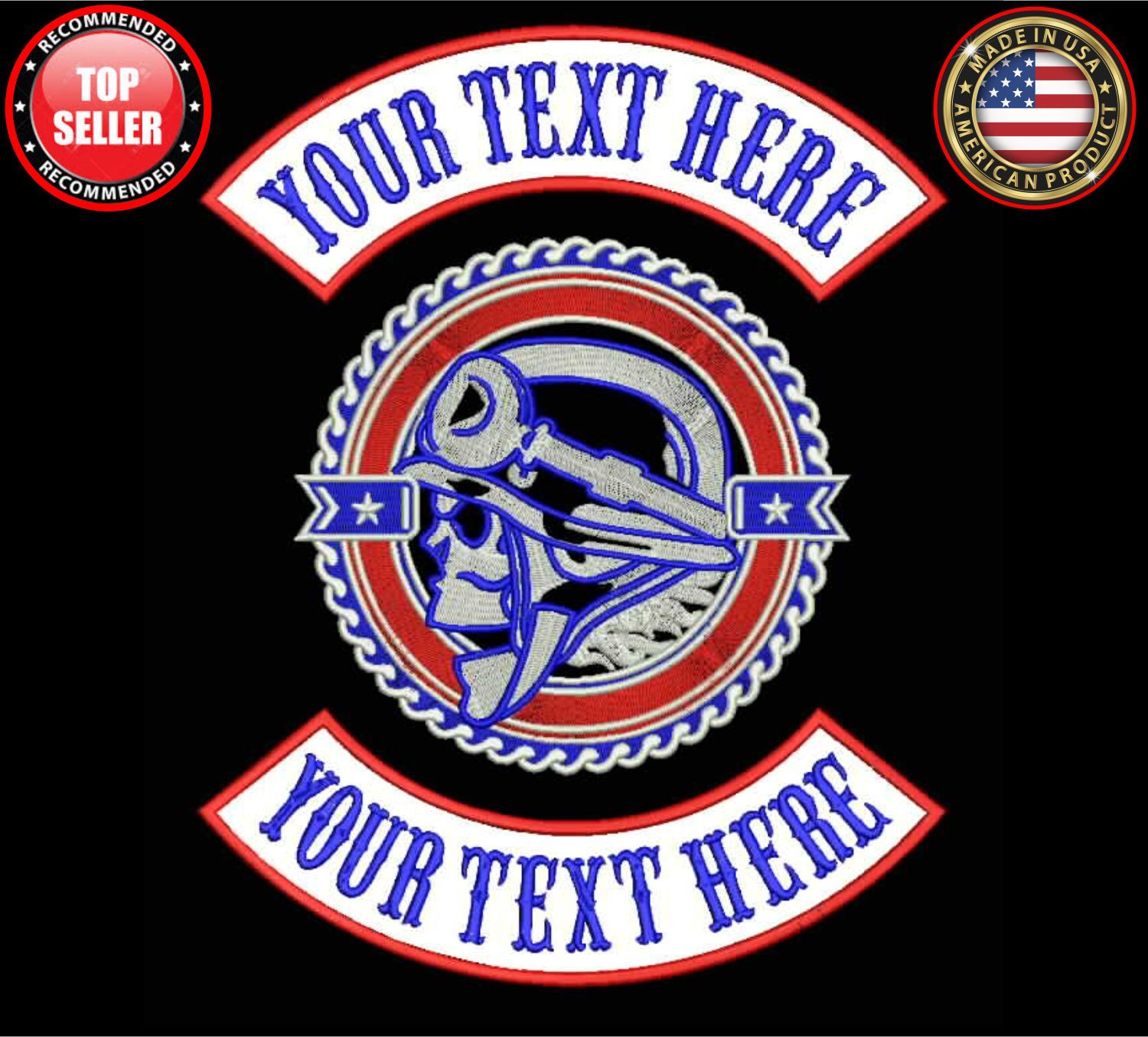 CUSTOM EMBROIDERED 3 pc MC ROCKER PATCH SET TOP BOTTOM CENTER MOTORCYCLE CUT USA