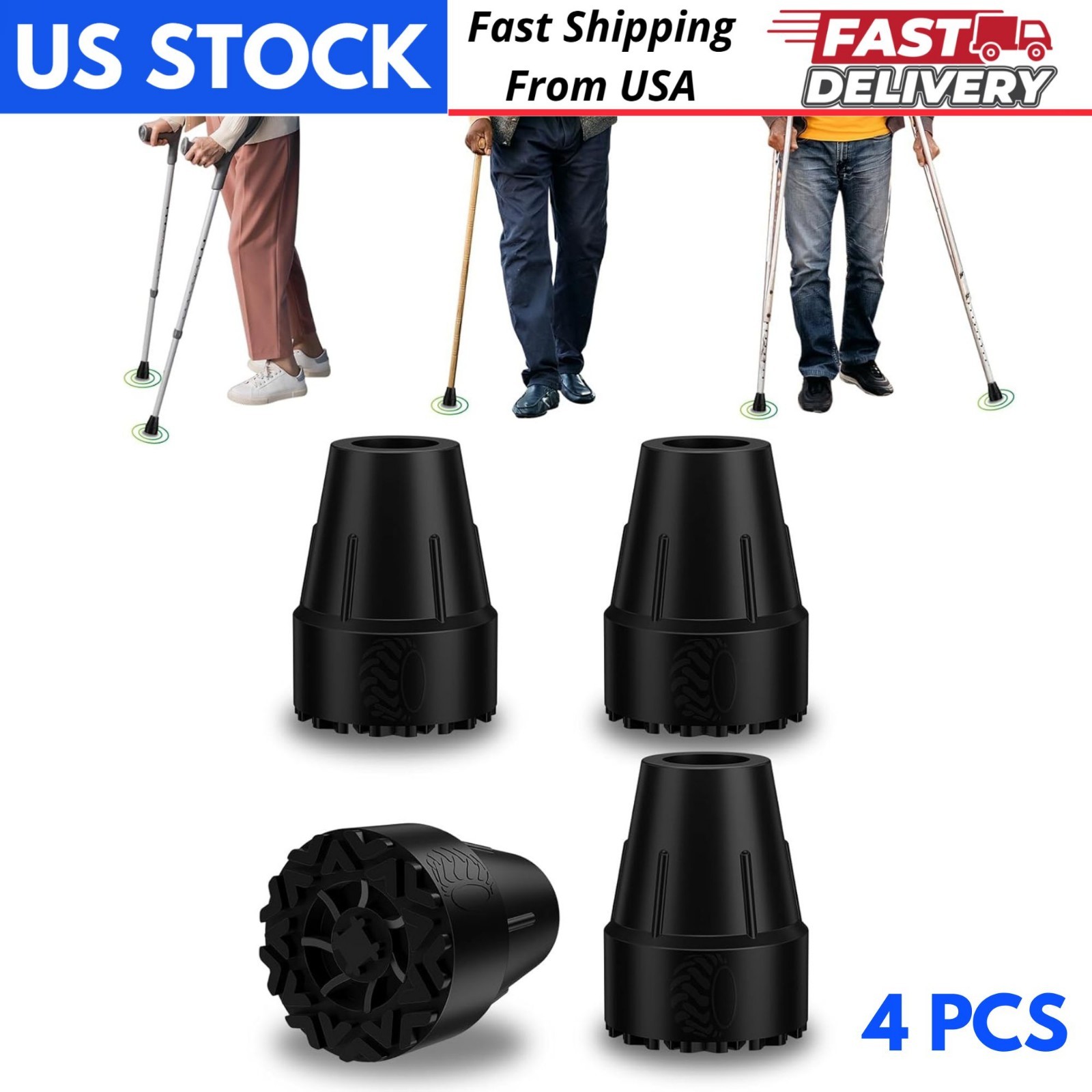 Heavy Duty Rubber Crutch Tips Non-Slip Black for 7/8" Crutch Walking Cane Stick