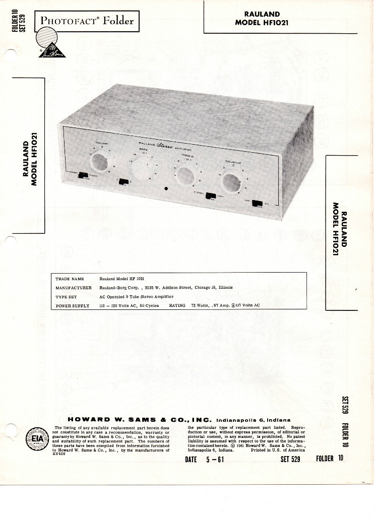 Rauland Model HF1021 Amplifier - Photofact