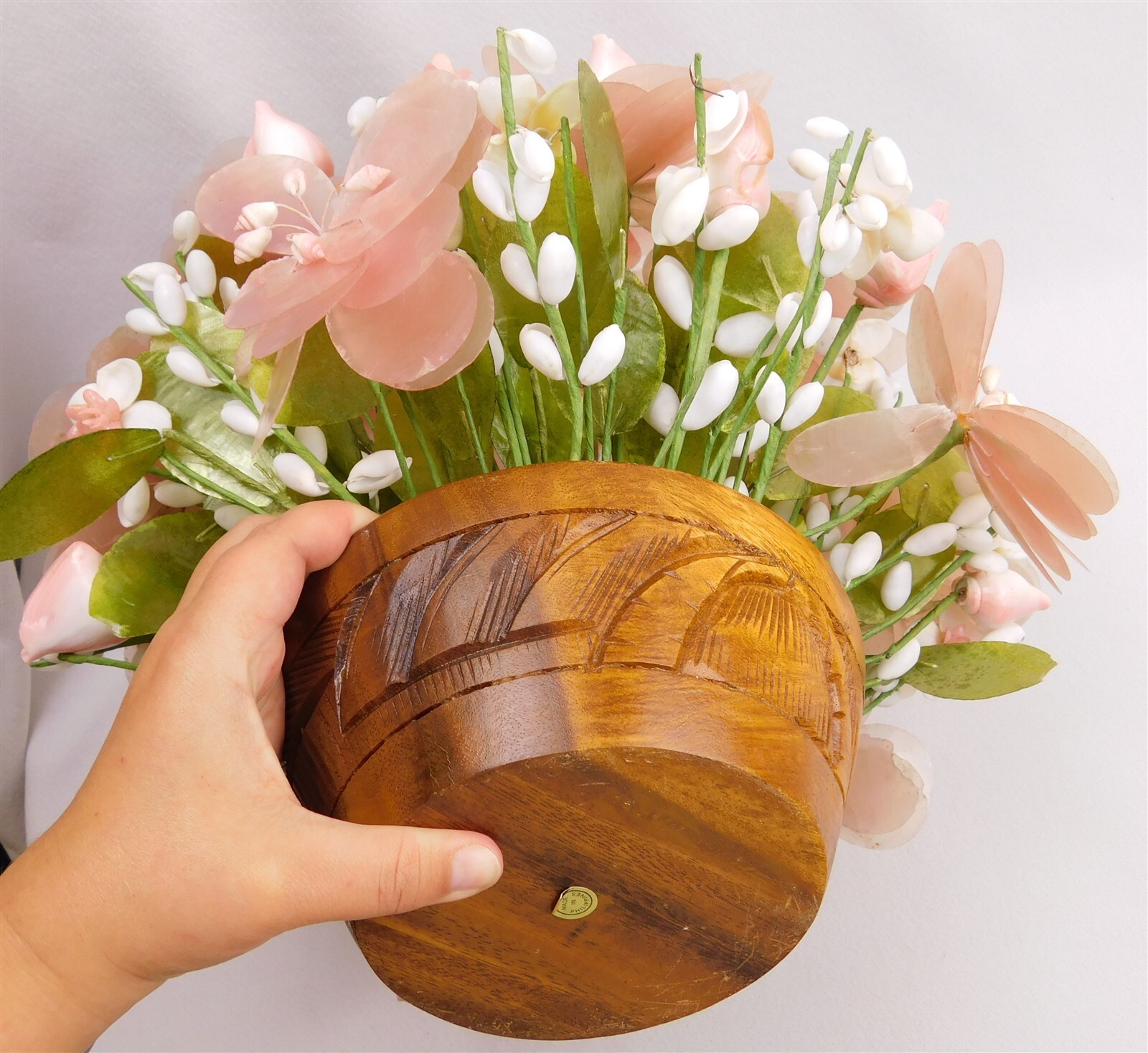 Vintage Capiz Shell Pink Accent Flower Bouquet in Wood Planter HAWAII