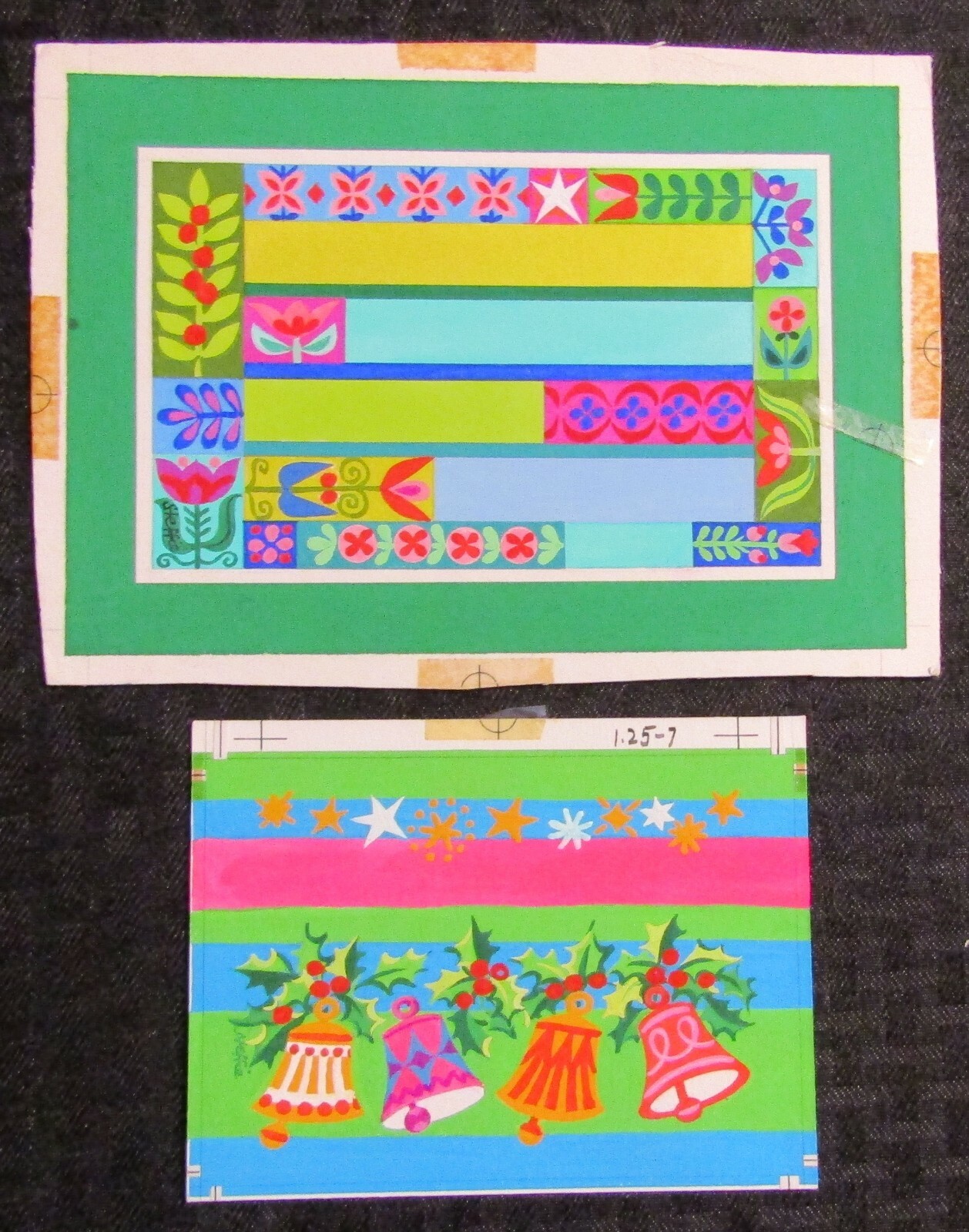 CHRISTMAS Colorful Bells w/ Flowers & Star 8x5.5" Greeting Card Art LOT of 2
