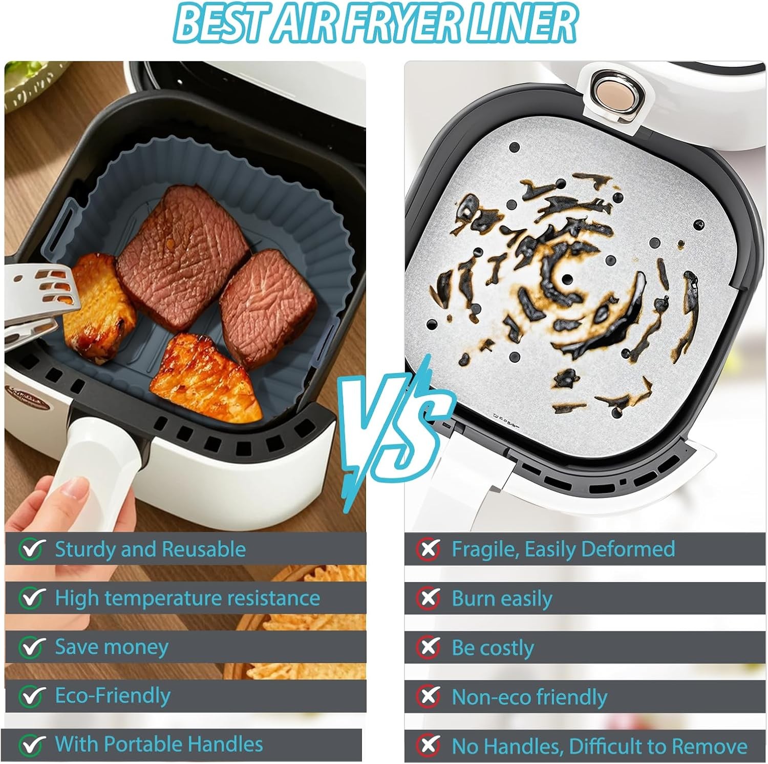 Silicone Air Fryer Liners Reusable 3 PCS, 7.3 inches x 8.4 inches, Blue