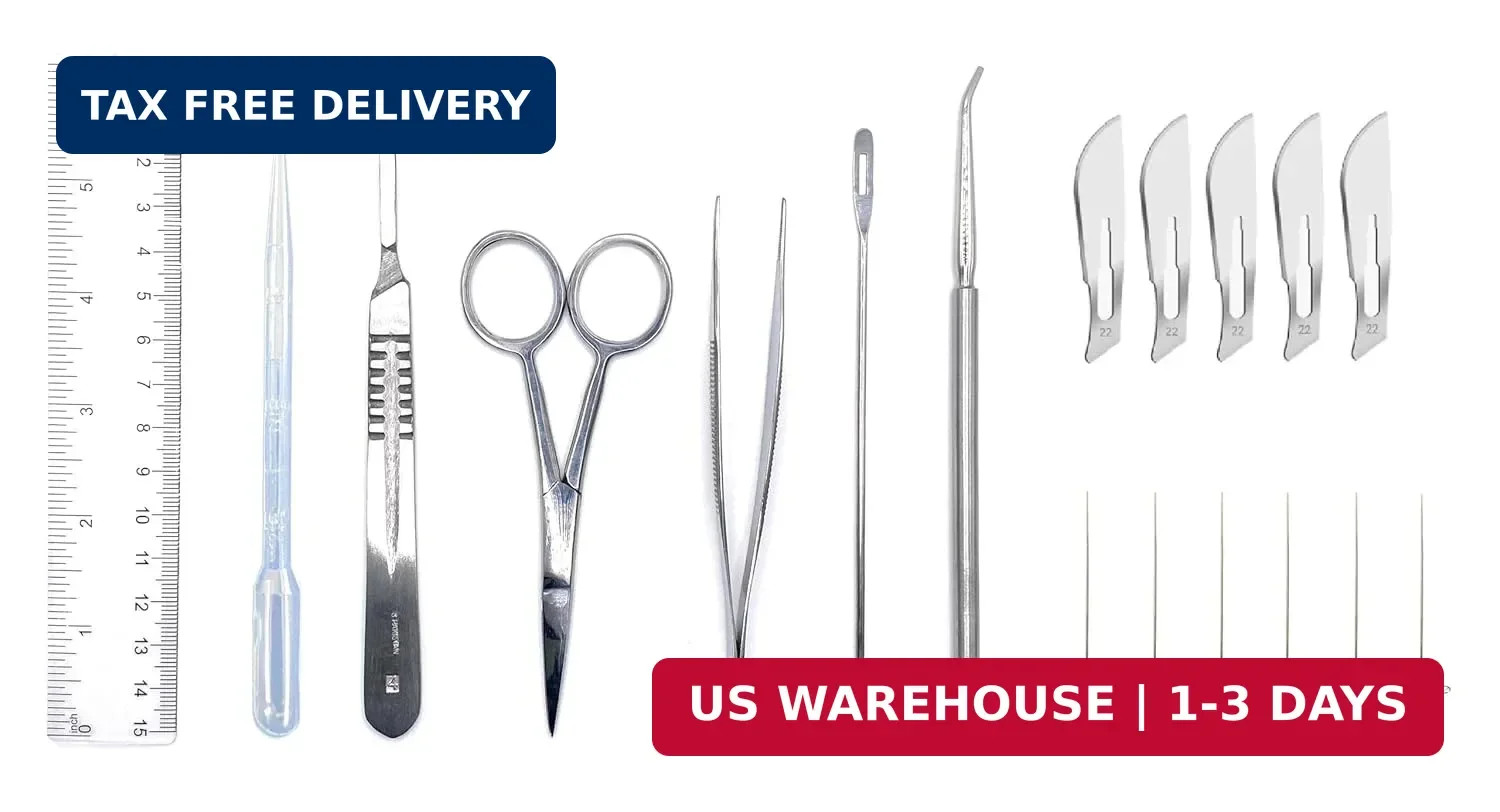 18 Piece Dissecting Kit Including Scissors, Forceps, Scalpel, and Probe in Dispo